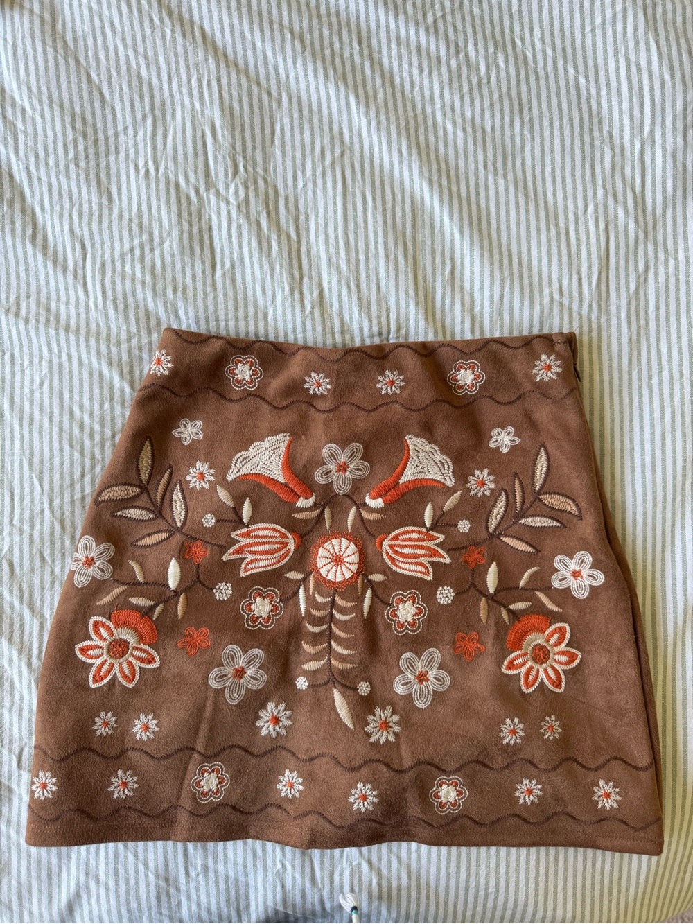 Francesca's Collections Brown Mini Skirt with Cream & Orange Floral Embroidery